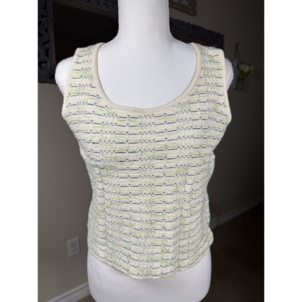 St John Collection Knit Shell Top Medium Cream Navy Green Boucle Sleeveless